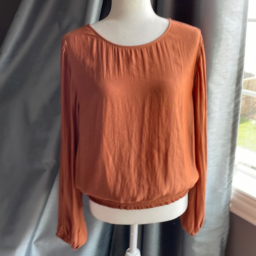 Liverpool Los Angeles boutique puff long sleeve boho copper blouse, size Medium